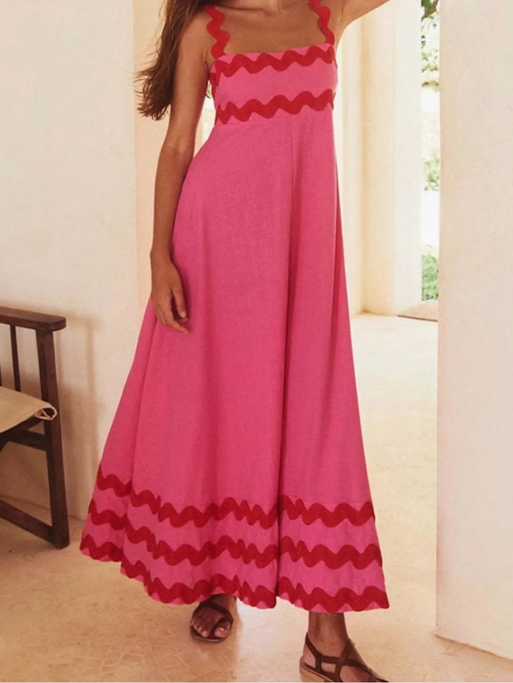 Pink Maxi Dress with Red Wave Trim - Women's Summer Dress